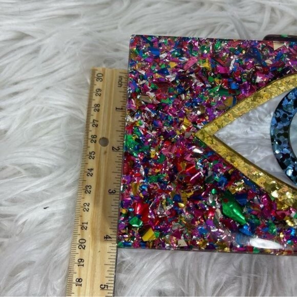Evil Eye Acrylic Confetti Clutch Gold Chain Strap Handbag Multicolor Small - Picture 9 of 11
